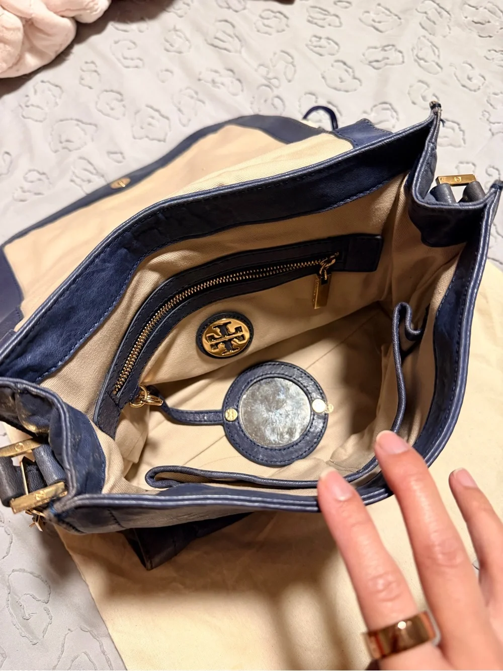 Tory Burch Dark Navy Leather Messenger Bag with Gold Logo